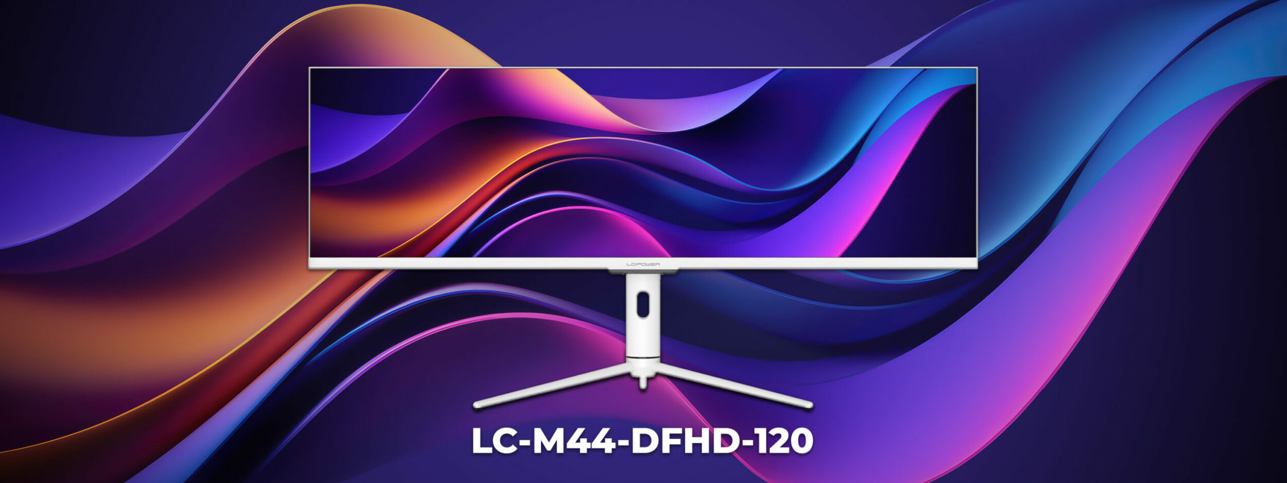 LC-M44-DFHD-120 steht zentral in der Mitte des Bildes. Im Hintergrund und auf dem Bildschirm des Monitors sieht man bunte Farben in Wellenform.