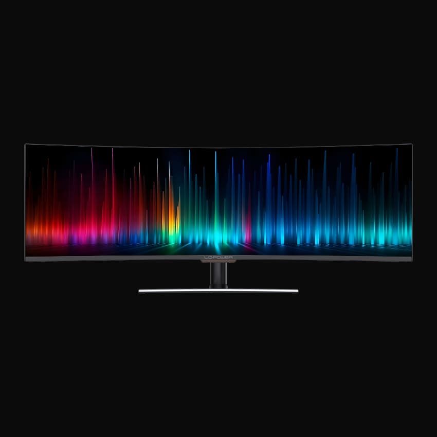 Monitor in frontaler Ansicht mit LC-Power Logo und grauem Hintergrund.