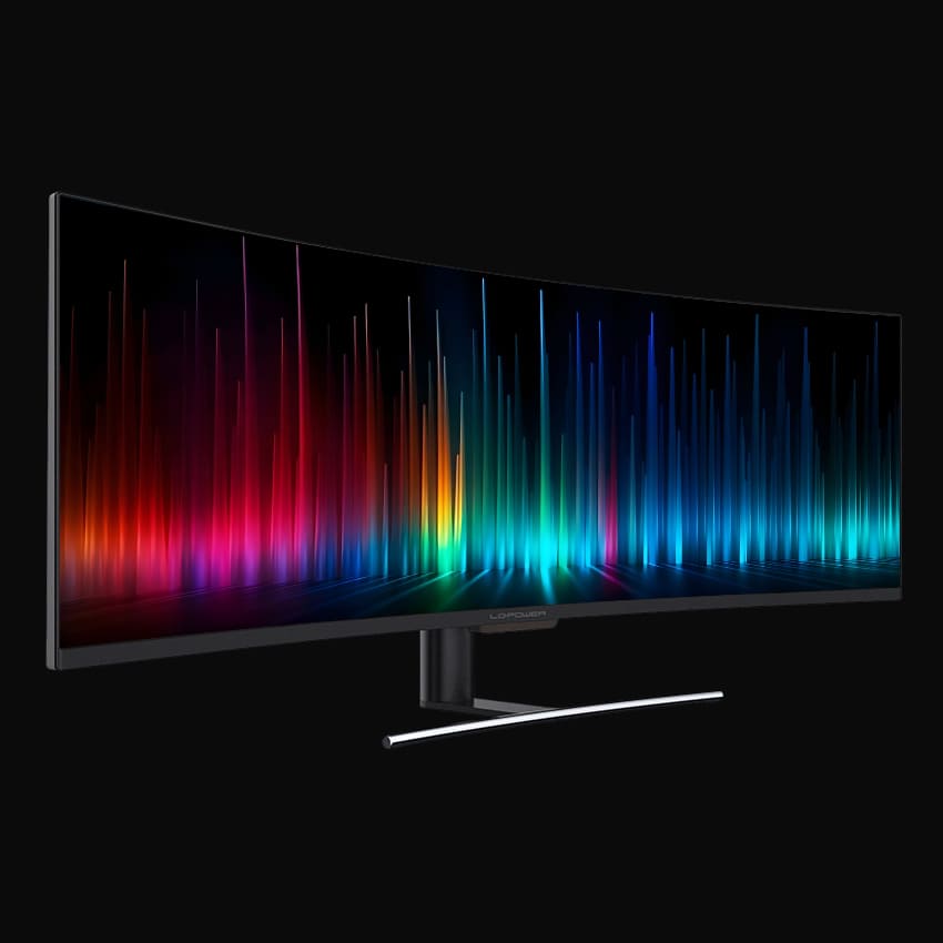 Monitor in leicht seitlicher, frontaler Ansicht und grauem Hintergrund.