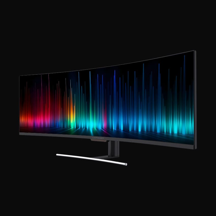 Monitor in leicht seitlicher, frontaler Ansicht und grauem Hintergrund.