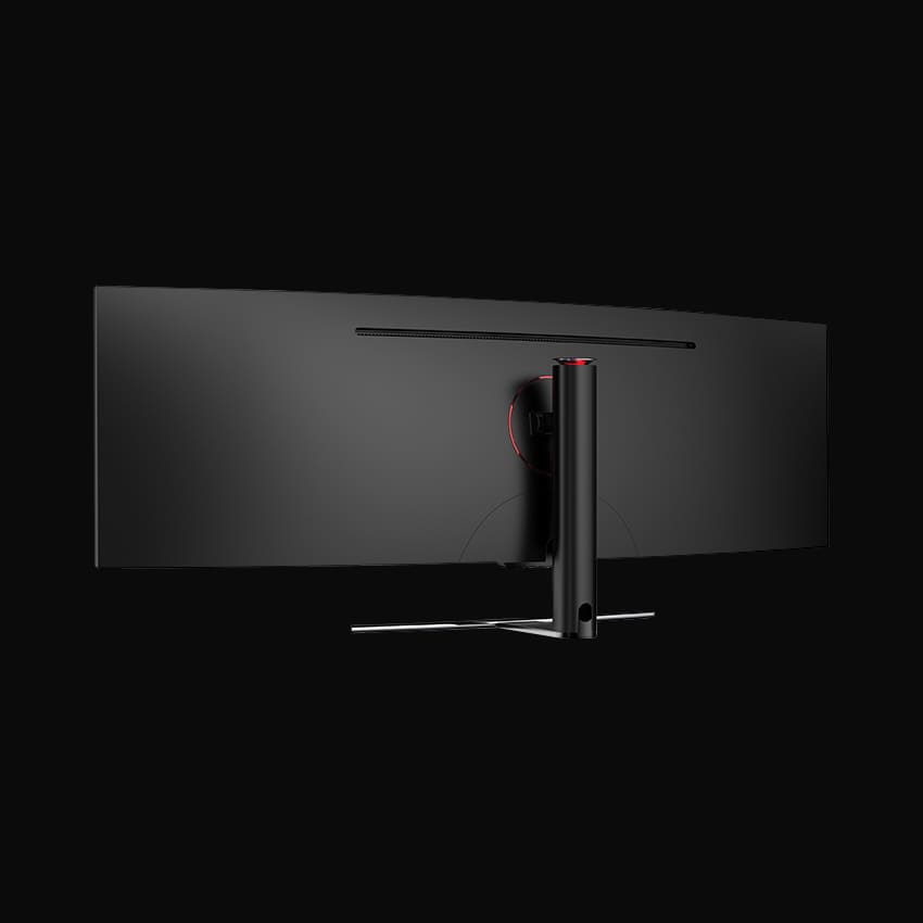 Seitliche Rückseite des Monitors auf grauem Hintergrund.