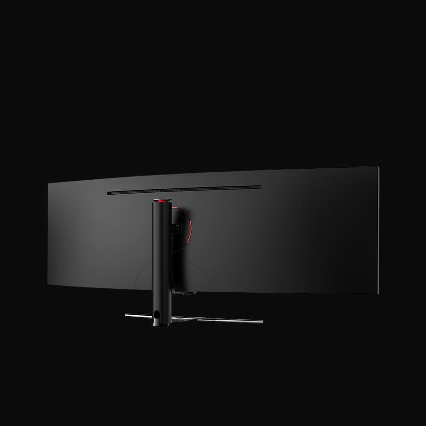 Seitliche Rückseite des Monitors auf grauem Hintergrund.