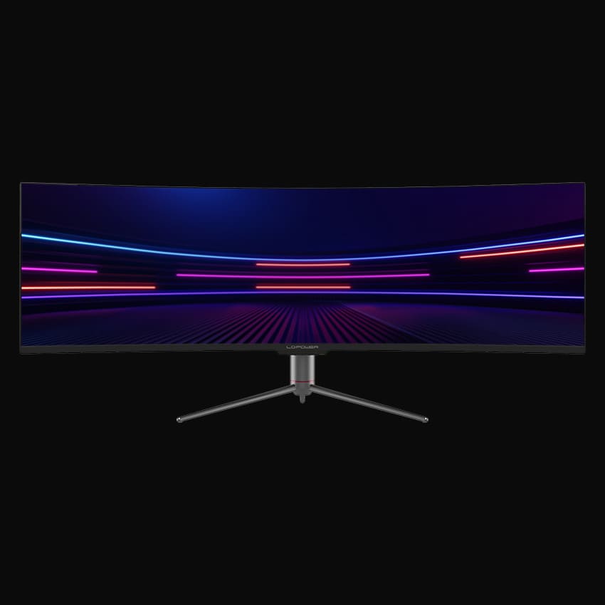 Monitor in frontaler Ansicht mit LC-Power Logo und grauem Hintergrund.