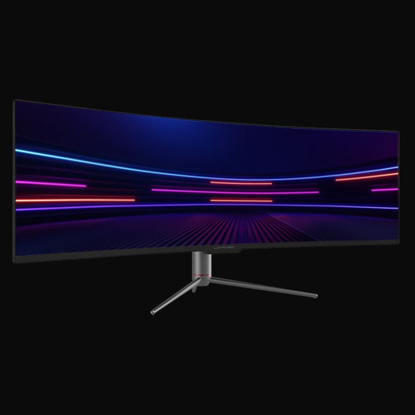 Monitor in leicht seitlicher, frontaler Ansicht und grauem Hintergrund.