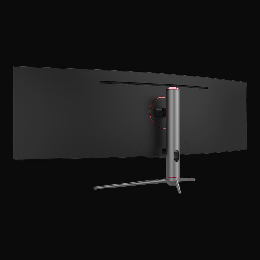 Seitliche Rückseite des Monitors auf grauem Hintergrund.