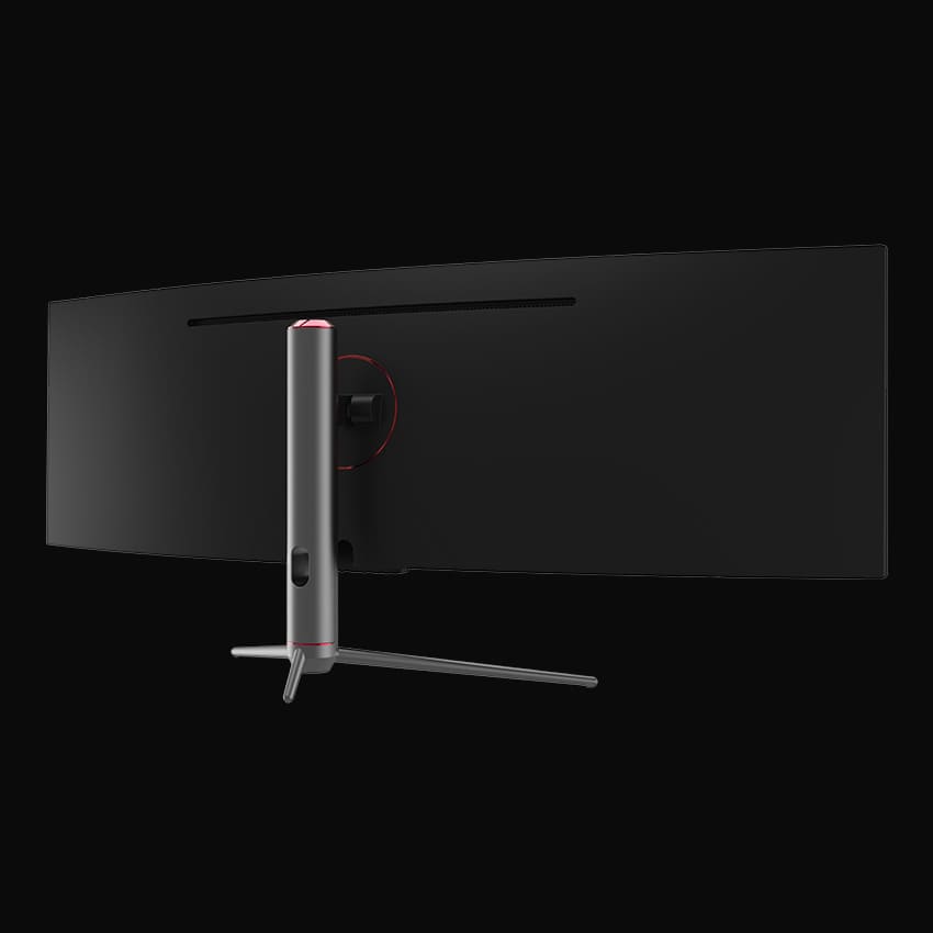 Seitliche Rückseite des Monitors auf grauem Hintergrund.