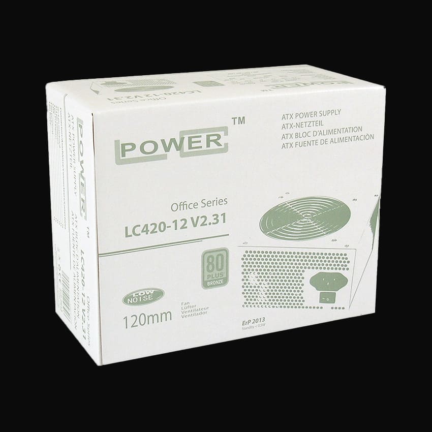 Die Verpackung des Netzteils LC420-12 V2.31 mit schwarzem Hintergrund