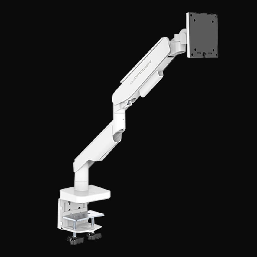 Monitorarm LC-EQ-A49-W Flexx in leicht seitlicher Perspektive auf einem dunklen Hintergrund.