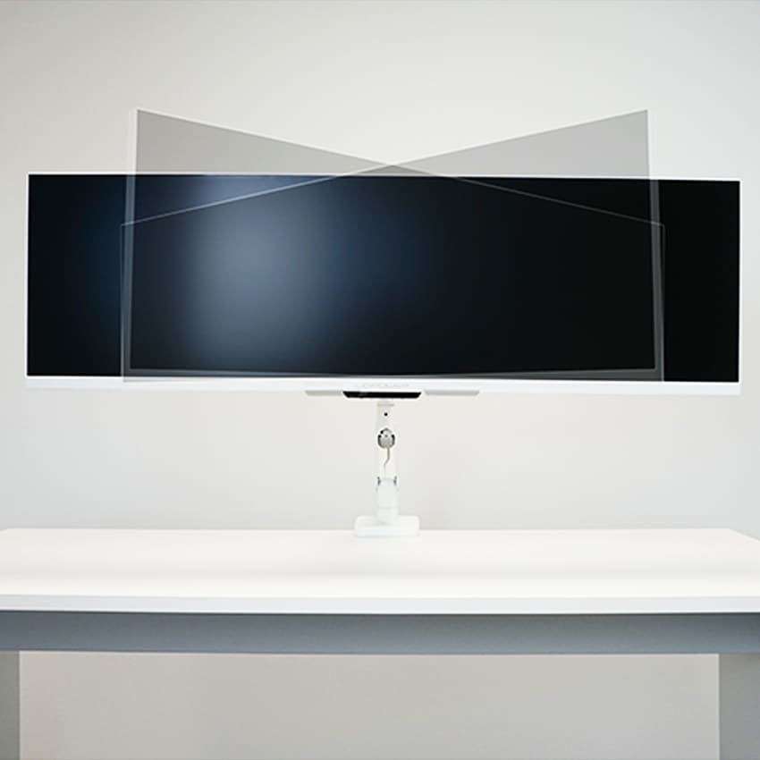 Auf dem Bild sieht man den Monitorarm LC-EQ-A49-W Flexx, an dem ein Monitor hängt, der sich in verschiedene Richtungen dreht.