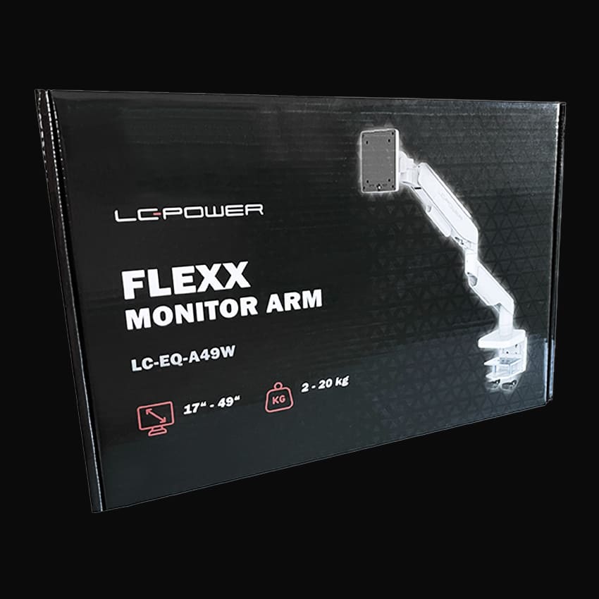 Verpackung des Monitorarmes LC-EQ-A49-W auf einem dunklen Hintergrund.