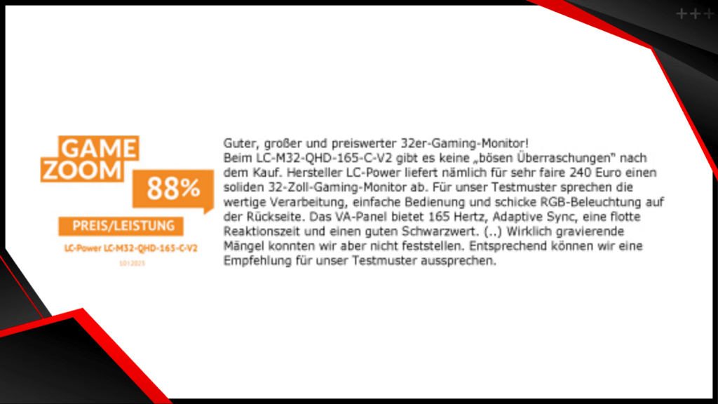 Zusammenfassung der positiven Review von GameZoom über den LC-M32-QHD-165-C-V2