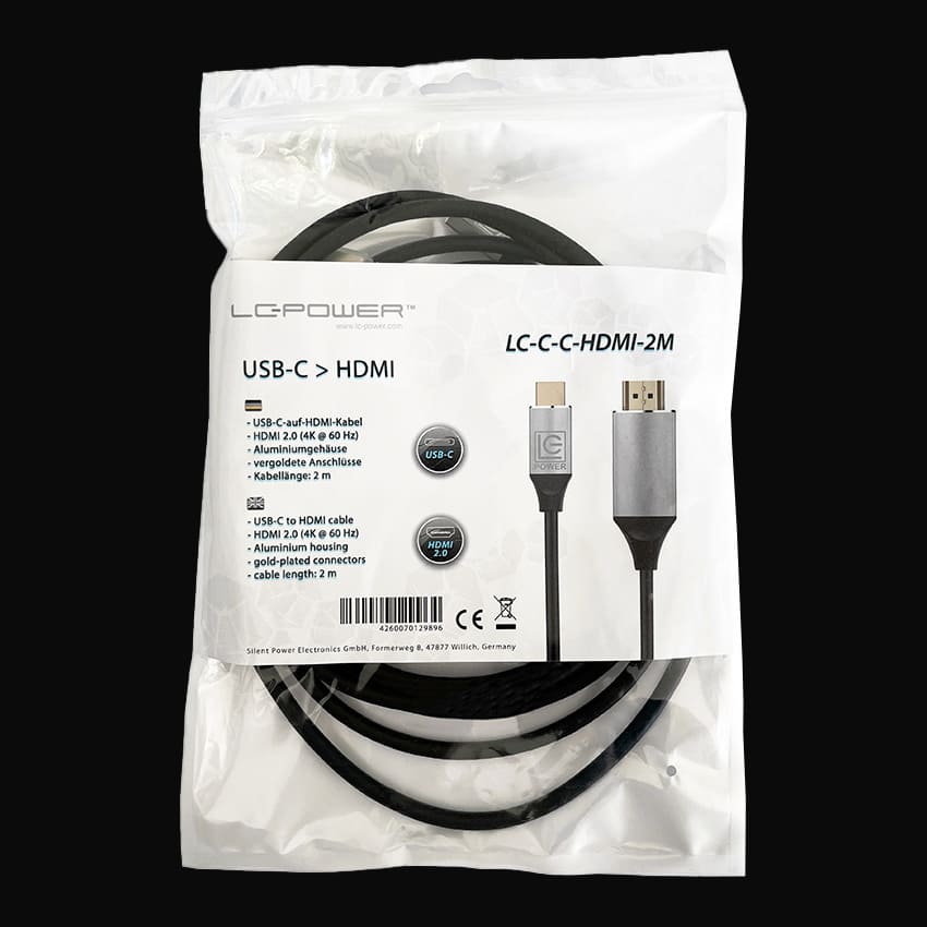 Weiße Verpackung des LC-C-C-HDMI-2M Monitorkabel vor einem dunklen Hintergrund.