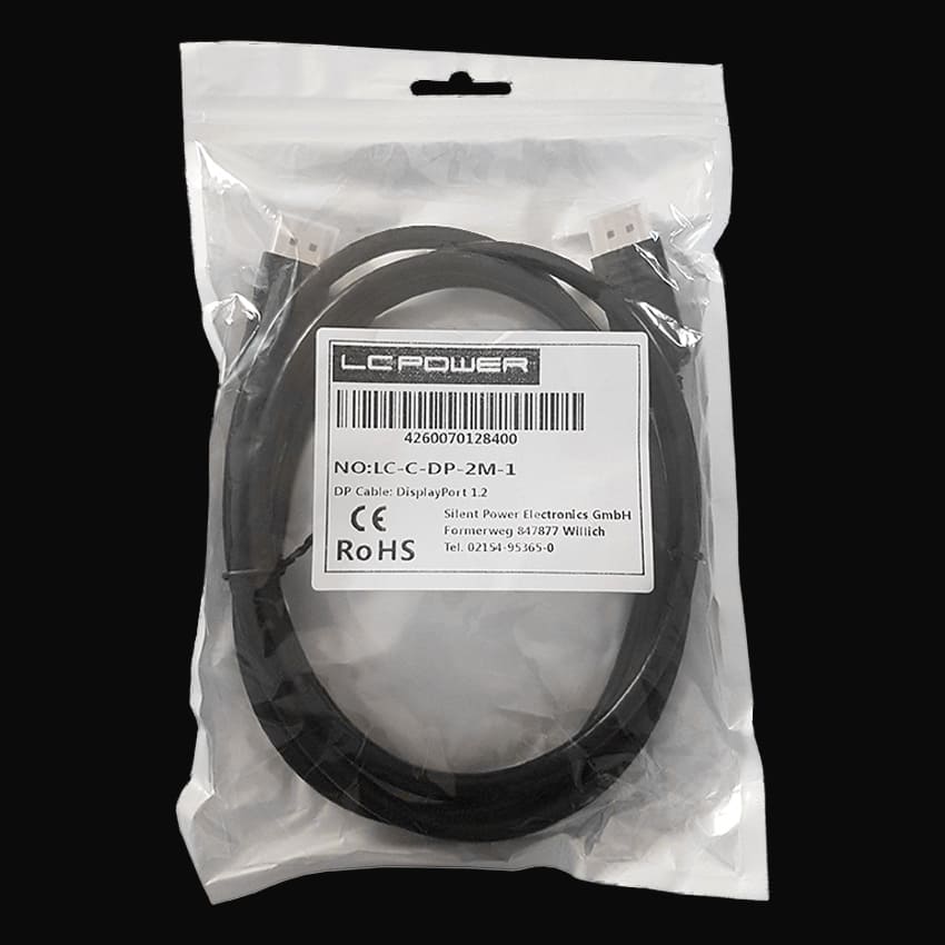 Weiße Verpackung des LC-C-DP-2M-1 Monitorkabels auf einem dunklen Hintergrund.