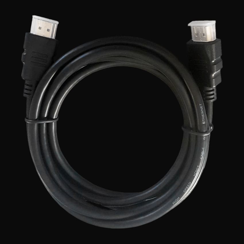 LC-C-HDMI-2M-1 Monitorkabel vor einem dunklen Hintergrund. Das Kabel ist dabei zusammengerollt und die Anschlüsse schauen nach oben.