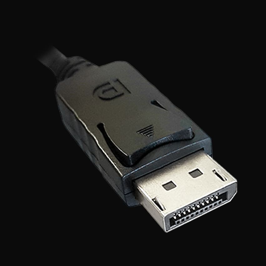 DP-Anschluss des LC-C-DP-2M-1 Monitorkabels vor einem dunklen Hintergrund.