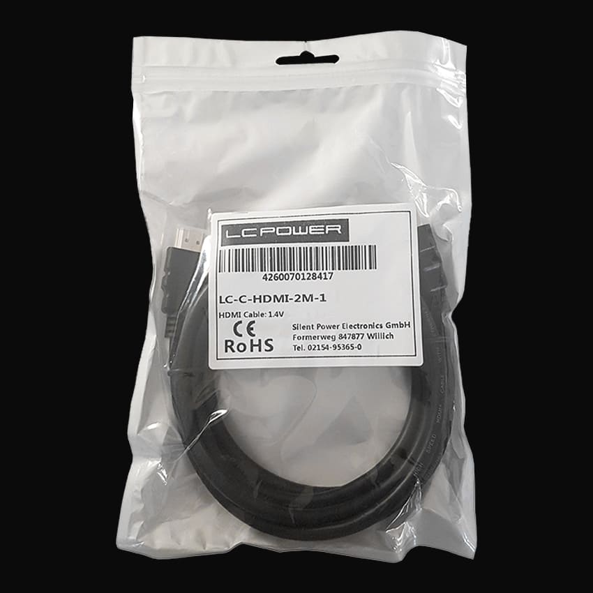 Weiße Verpackung des LC-C-HDMI-2M-1 Monitorkabels vor einem dunklen Hintergrund.