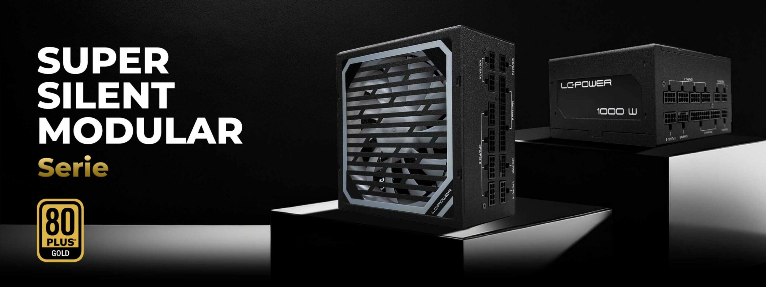 Hero image vom Super Silent Modular Netzteil mit einem Schriftzug auf der linken Seite mit Super Silent Modular Serie.