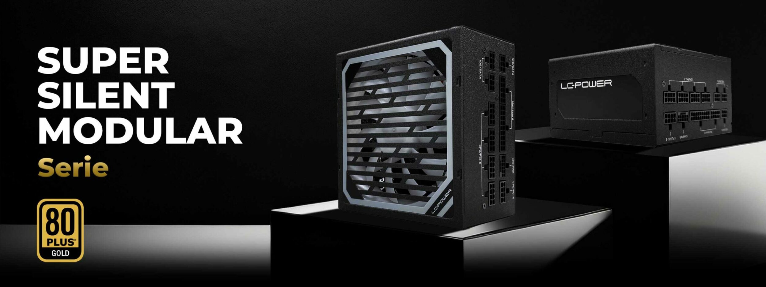 Hero image vom Super Silent Modular Netzteil mit einem Schriftzug auf der linken Seite mit Super Silent Modular Serie.