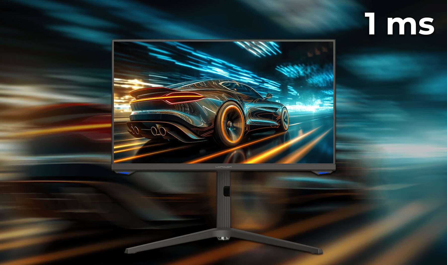1 Millisekunde MPRT Reaktionszeit vom LC-M25-FHD-144 Monitor mit schnellfahrenden Sportwagen dargestellt