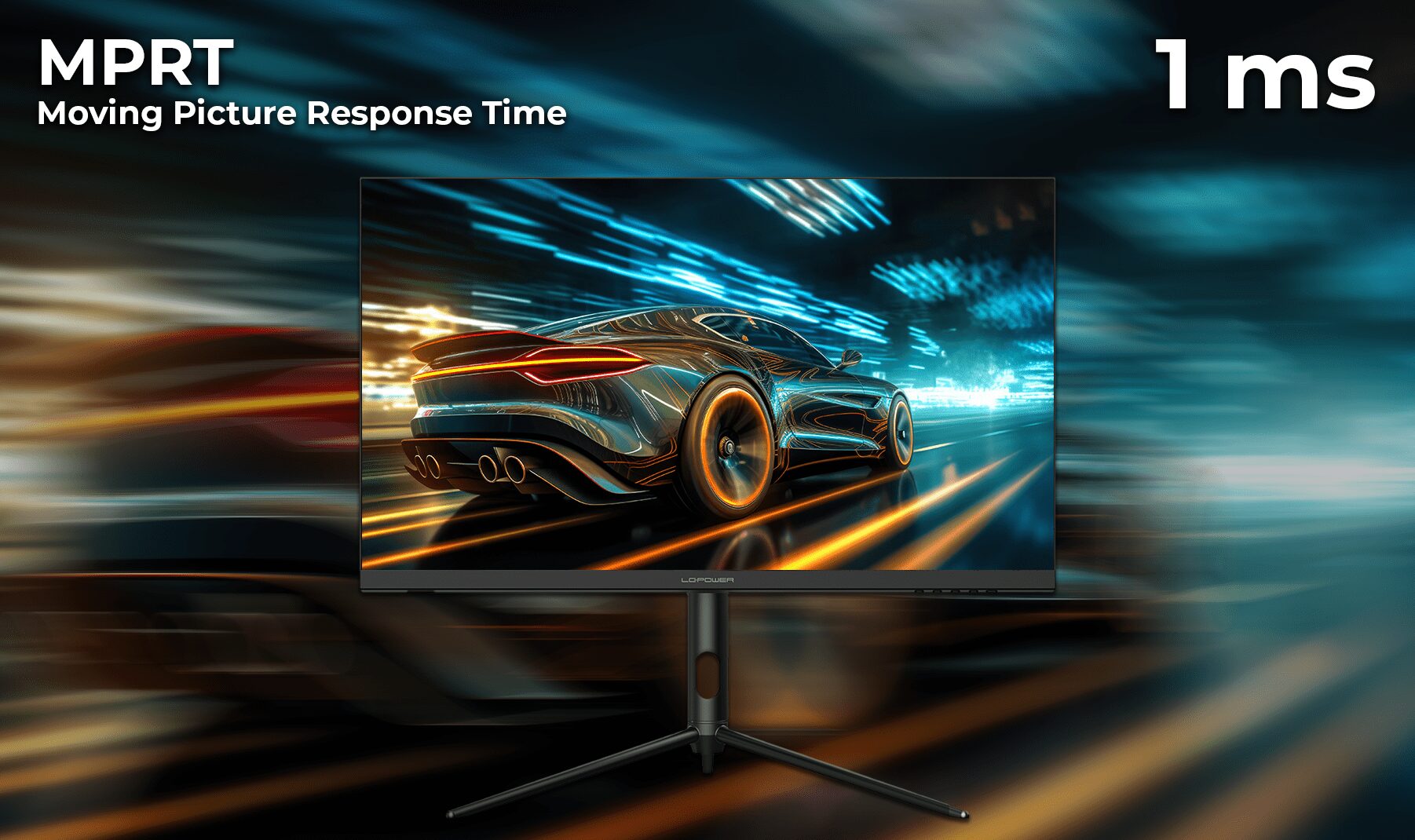 1 Millisekunde MPRT Reaktionszeit vom LC-M27-4K-UHD-144-V2 Monitor mit schnellfahrenden Sportwagen dargestellt