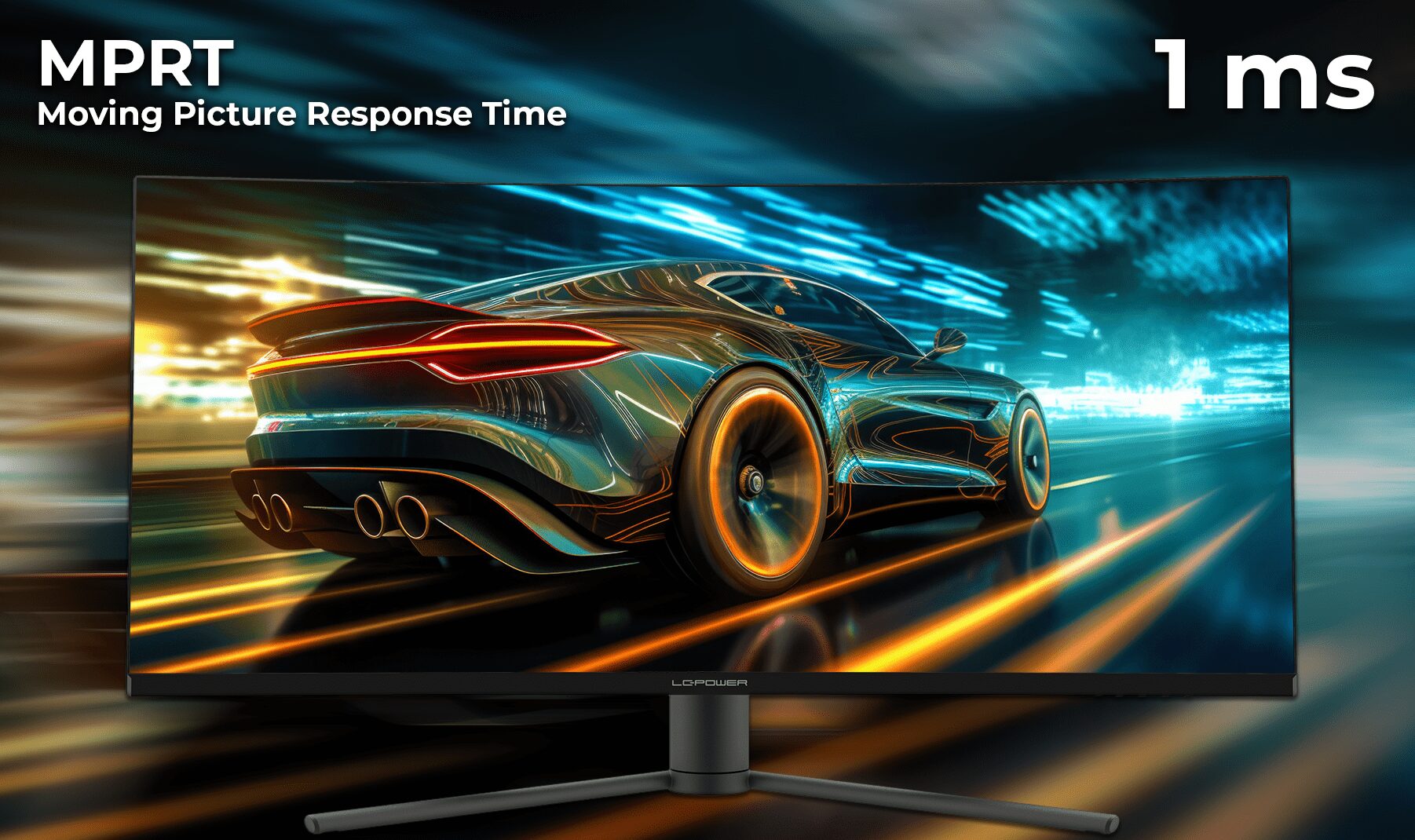 1 Millisekunde MPRT Reaktionszeit vom LC-M34-UWQHD-165-C Monitor mit schnellfahrenden Sportwagen dargestellt