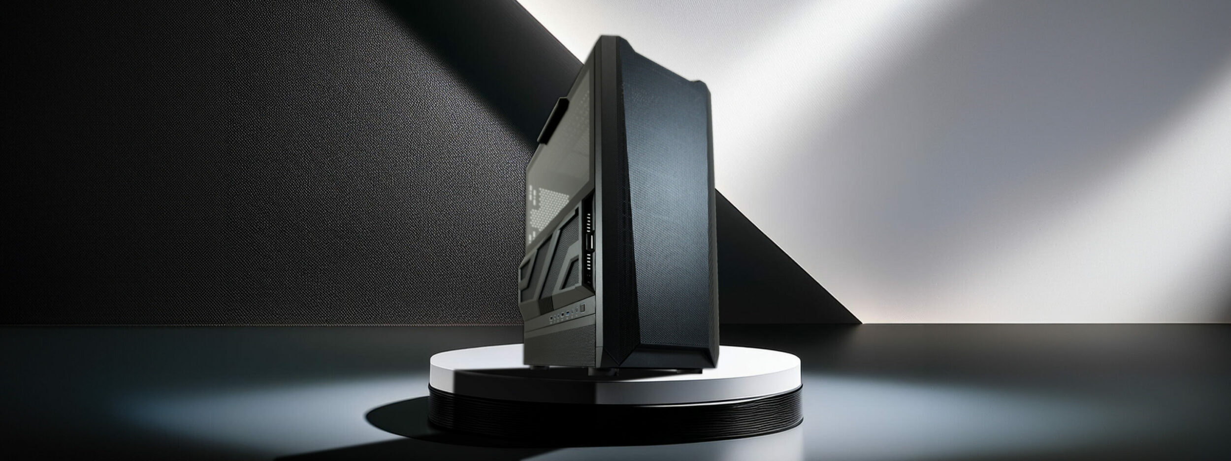 Hero Image des ATX Gaming-Gehäuses 900B Lumaxx Gloom, das auf einem schwarz-weißem Podest steht. Hinter dem Gehäuse ist eine Wand in schwarz und weiß. Die schwarze Seite der Wand ist strukturiert.