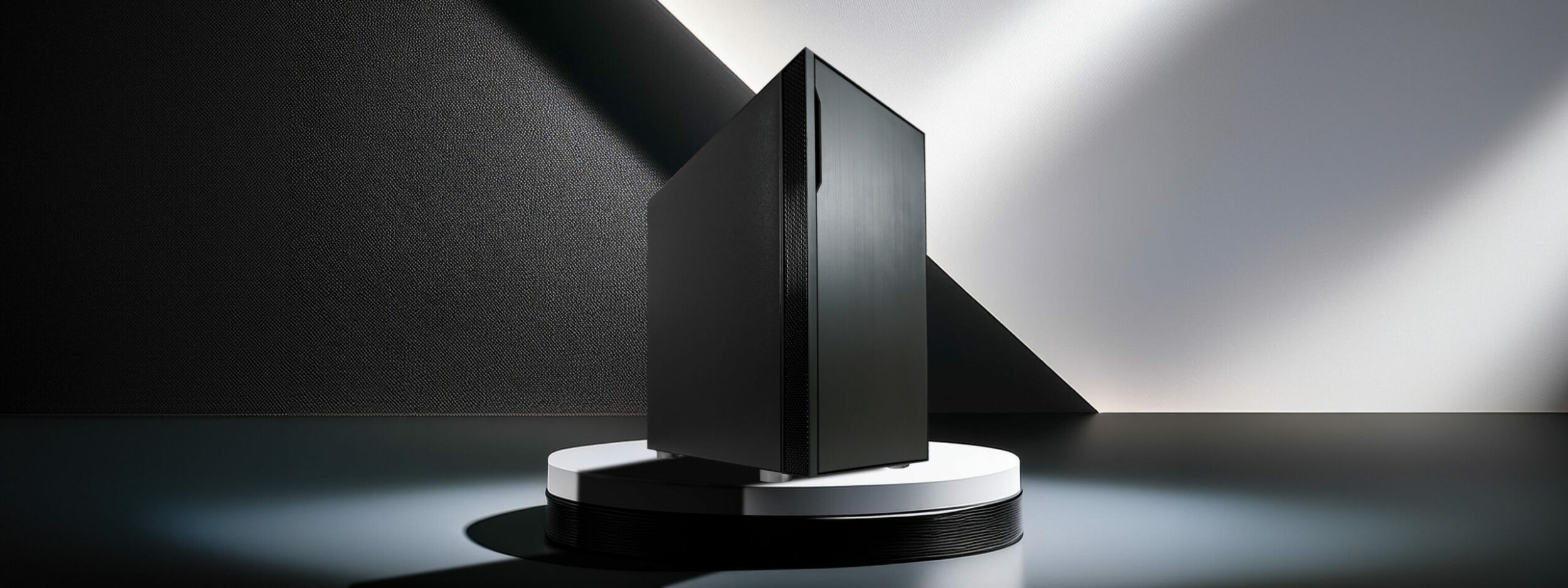 Hero Image des ATX-Classic- und Multimedia-Gehäuses 8000B, das auf einem schwarz-weißem Podest steht. Hinter dem Gehäuse ist eine Wand in schwarz und weiß. Die schwarze Seite der Wand ist strukturiert.