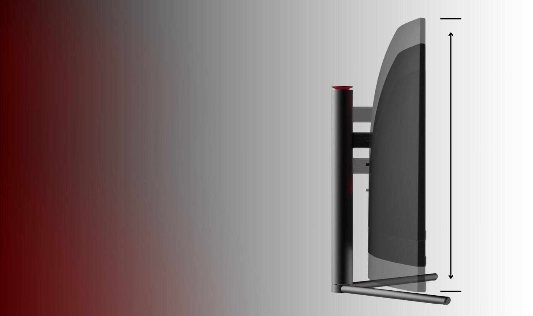 LC-M27-FHD-240-C vor einem rot, schwarz und weißem Hintergrund. Zu sehen ist die Funktion der Höhenverstellung des Monitors.