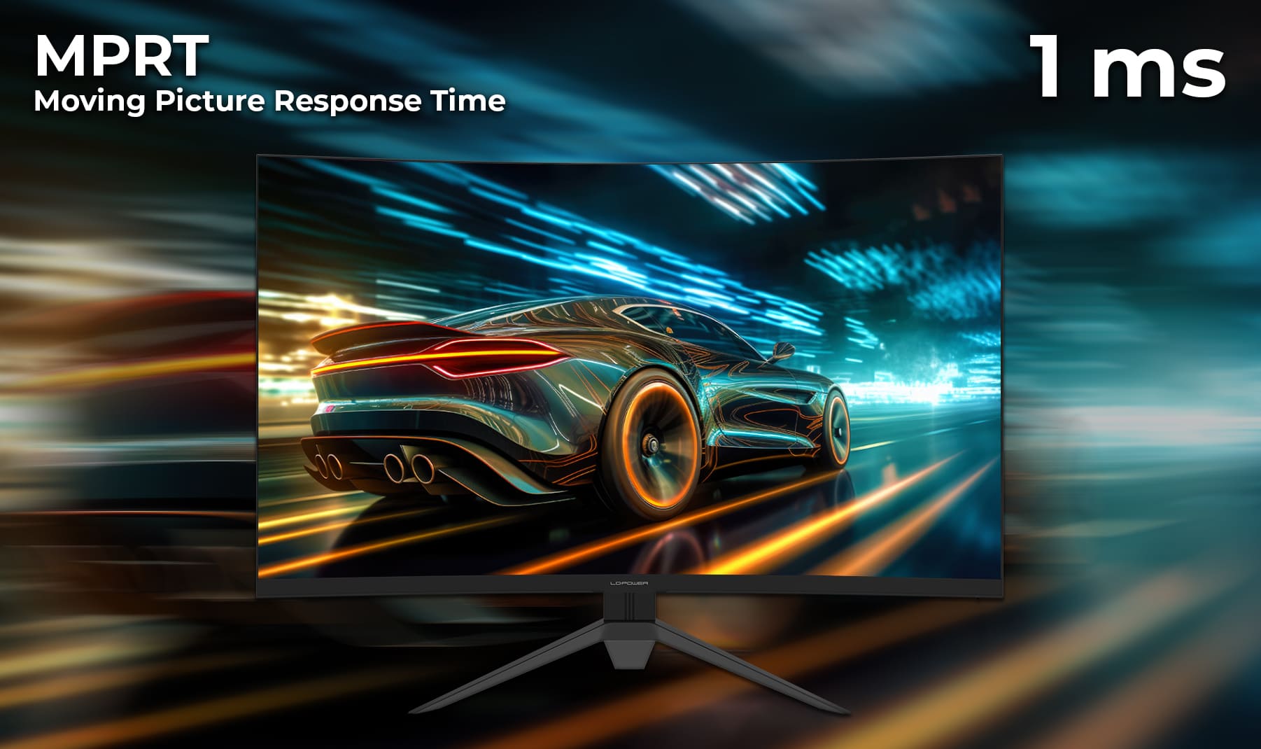 1 Millisekunde MPRT Reaktionszeit vom LC-M27-QHD-165-C Monitor mit schnellfahrenden Sportwagen dargestellt