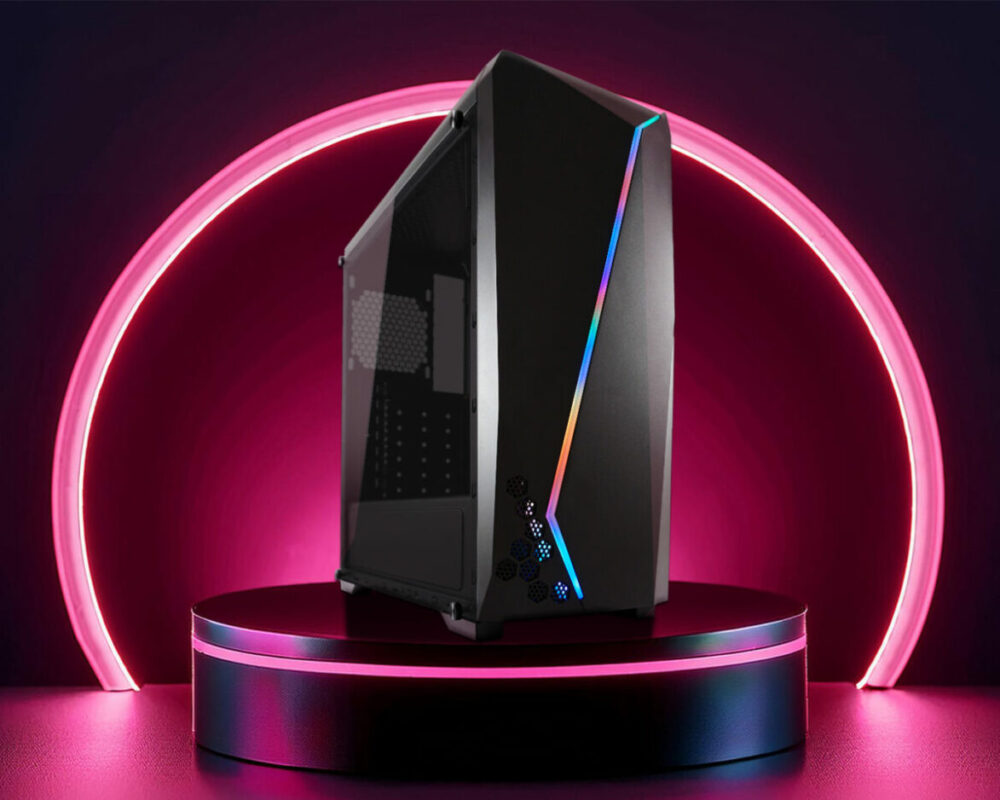 Hero Image des ATX Gaming-Gehäuses 700B Hexagon, das auf einem schwarzen Podest mit pinkem Licht steht. Hinter dem Gehäuse ist ebenfalls ein Kreis, der pink leuchtet.
