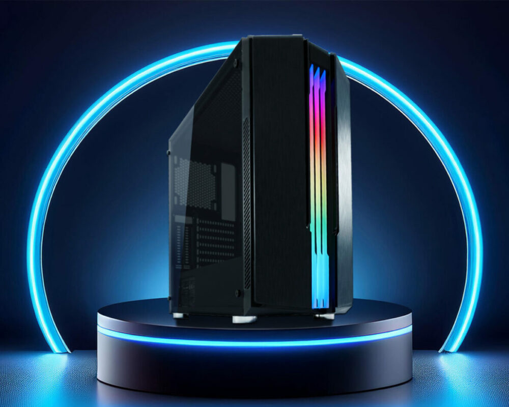 Hero Image des ATX Gaming-Gehäuses 702B Skyscraper_X, das auf einem schwarzen Podest mit blauem Licht steht. Hinter dem Gehäuse ist ein Kreis, der blau leuchtet.