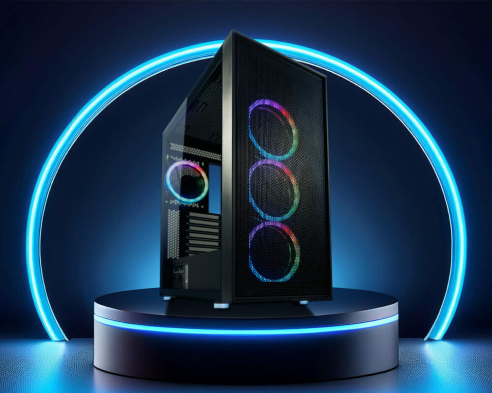 Hero Image des ATX Gaming-Gehäuses 802B Black_Wanderer_X, das auf einem schwarzen Podest mit blauem Licht steht. Hinter dem Gehäuse ist ein Kreis, der blau leuchtet.