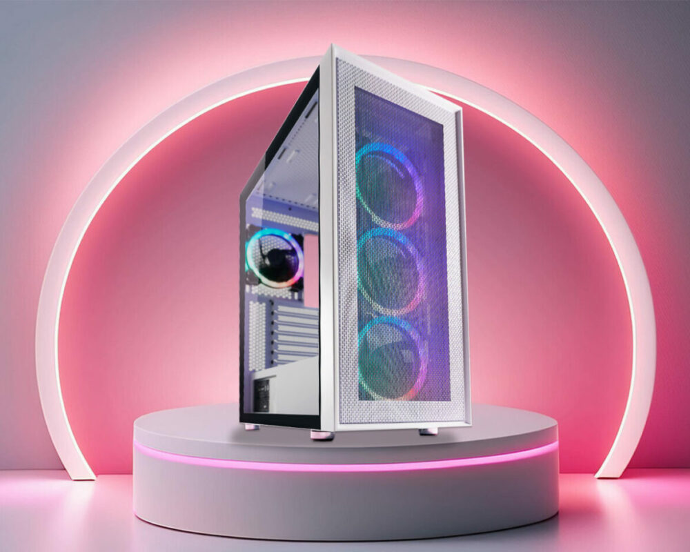 Hero Image des ATX Gaming-Gehäuses 802W White_Wanderer_X, das auf einem schwarzen Podest mit pinkem Licht steht. Hinter dem Gehäuse ist ein Kreis, der pink leuchtet.