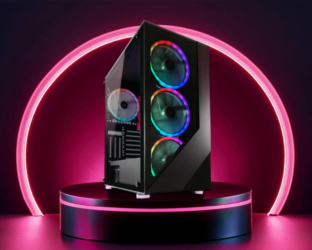 Hero Image des ATX Gaming-Gehäuses 803B Shaded_X, das auf einem schwarzen Podest mit rotem Licht steht. Hinter dem Gehäuse ist ein Kreis, der rot leuchtet.