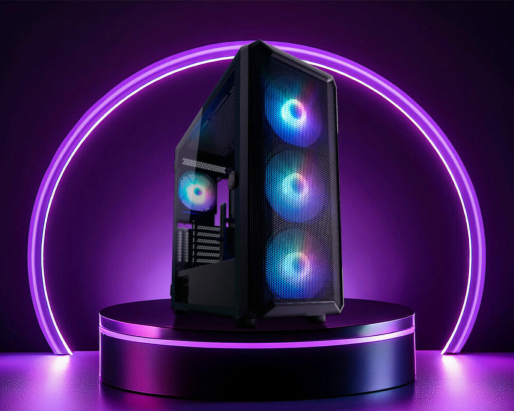 Hero Image des ATX Gaming-Gehäuses 804B Obsession_X, das auf einem schwarzen Podest mit lila Licht steht. Hinter dem Gehäuse ist ein Kreis, der lila leuchtet.