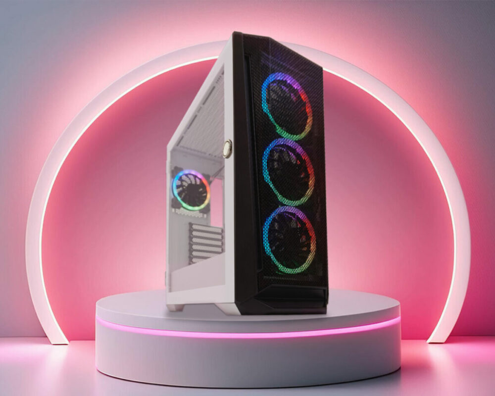 Hero Image des ATX Gaming-Gehäuses 805BW Holo-1_X, das auf einem schwarzen Podest mit rotem Licht steht. Hinter dem Gehäuse ist ein Kreis, der rot leuchtet.