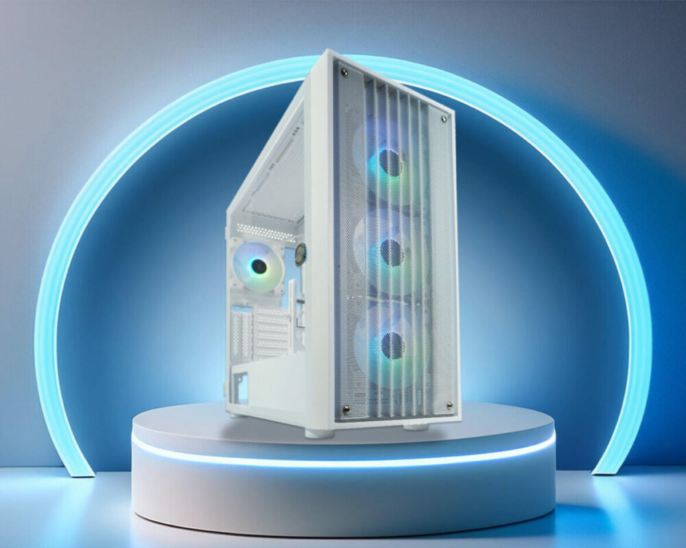 Hero Image des E-ATX-Gehäuses Gaming 810W, das auf einem schwarzen Podest mit blauem Licht steht. Hinter dem Gehäuse ist ein Kreis, der blau leuchtet.