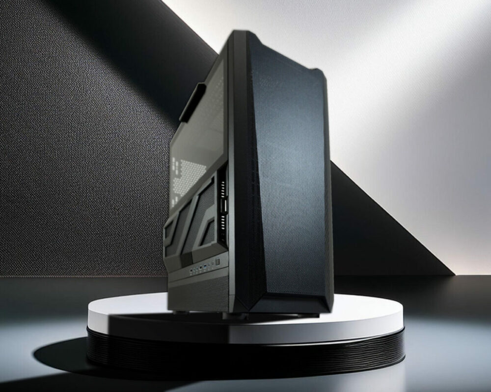 Hero Image des ATX Gaming-Gehäuses 900B Lumaxx Gloom, das auf einem schwarz-weißem Podest steht. Hinter dem Gehäuse ist eine Wand in schwarz und weiß. Die schwarze Seite der Wand ist strukturiert.