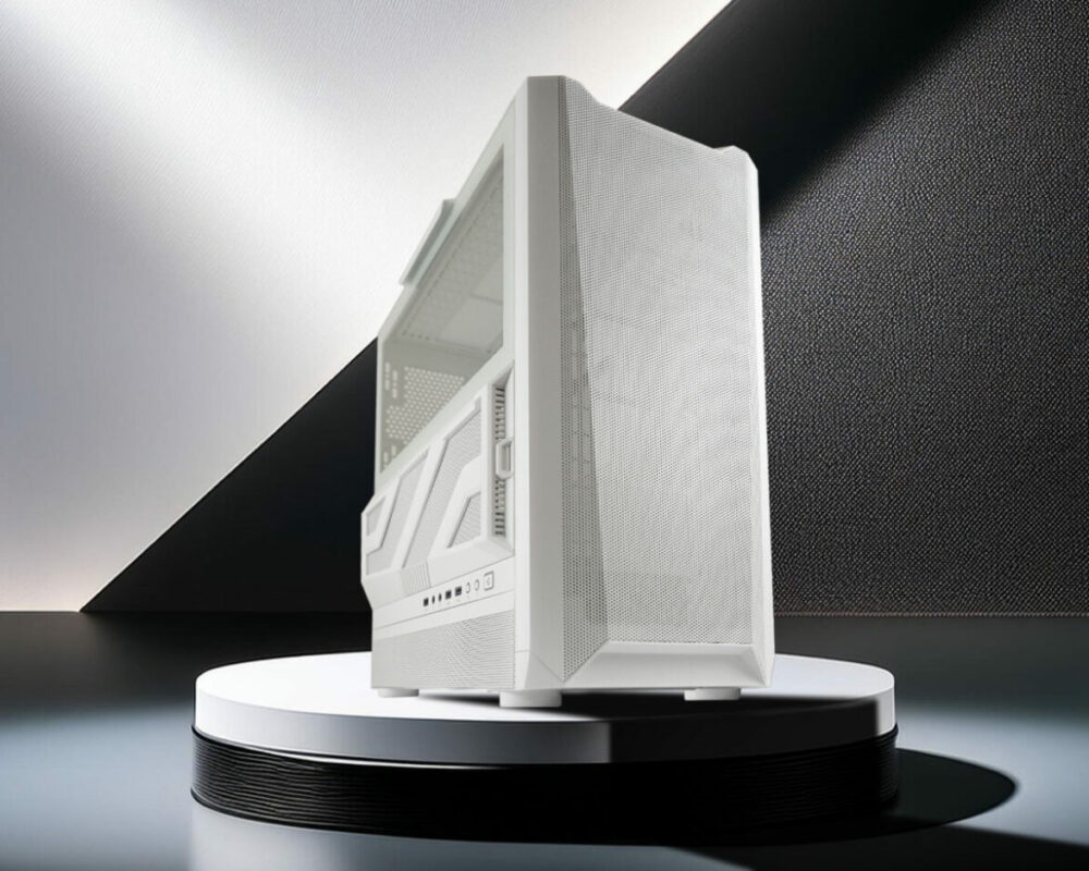 Hero Image des ATX Gaming-Gehäuses 900W Lumaxx Light, das auf einem schwarz-weißem Podest steht. Hinter dem Gehäuse ist eine Wand in schwarz und weiß. Die schwarze Seite der Wand ist strukturiert.