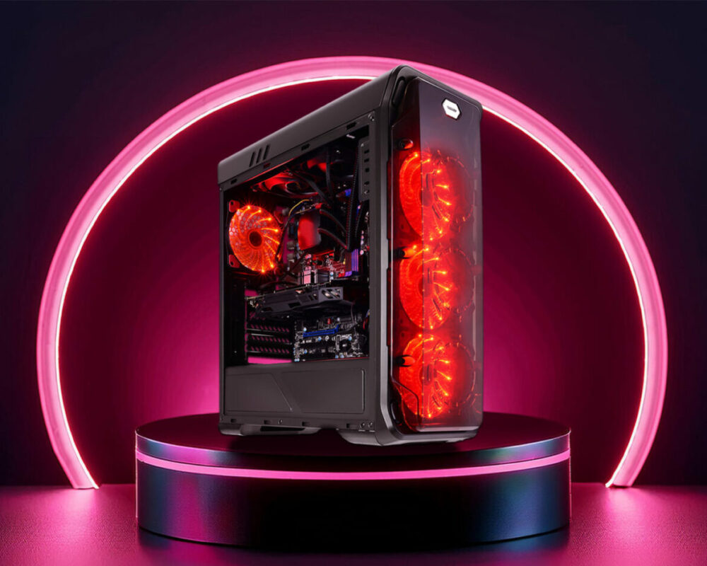 Hero Image des ATX Gaming-Gehäuses 988B Red Typhoon, das auf einem schwarzen Podest mit rotem Licht steht. Hinter dem Gehäuse ist ein Kreis, der rot leuchtet.