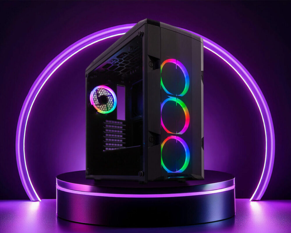 Hero Image des ATX Gaming-Gehäuses 998B Rambot, das auf einem schwarzen Podest mit lila Licht steht. Hinter dem Gehäuse ist ein Kreis, der lila leuchtet.
