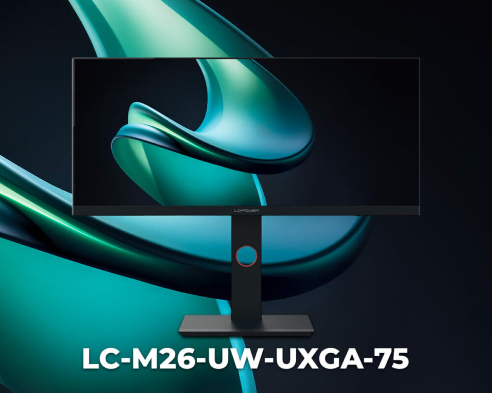 LC-M26-UW-UXGA-75 vor einem grün schwarzen Hintergrund in Wellenform.