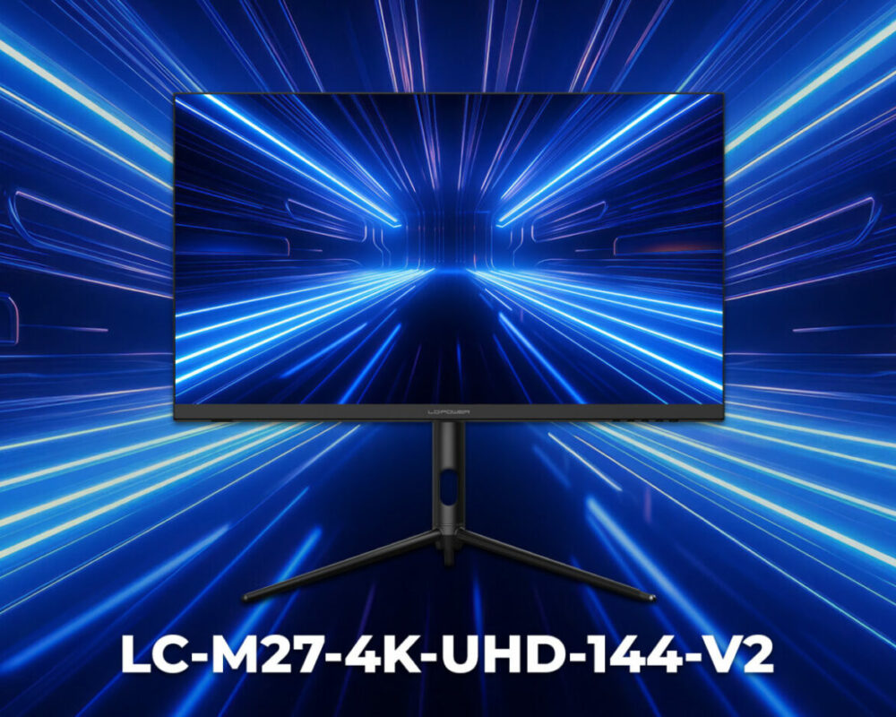 LC-M27-4K-UHD-144-V2 Gaming Monitor in blauen Hyperraum Neonlinien