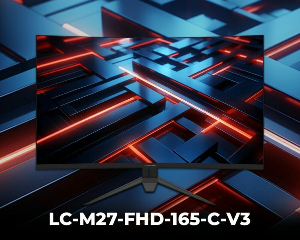 Auf dem Bild wird der LC-M27-FHD-165-C-V3 gezeigt. Im Hintergrund und auf dem Bildschirm sind schwarze und neon rot leuchtende Striche zu sehen.