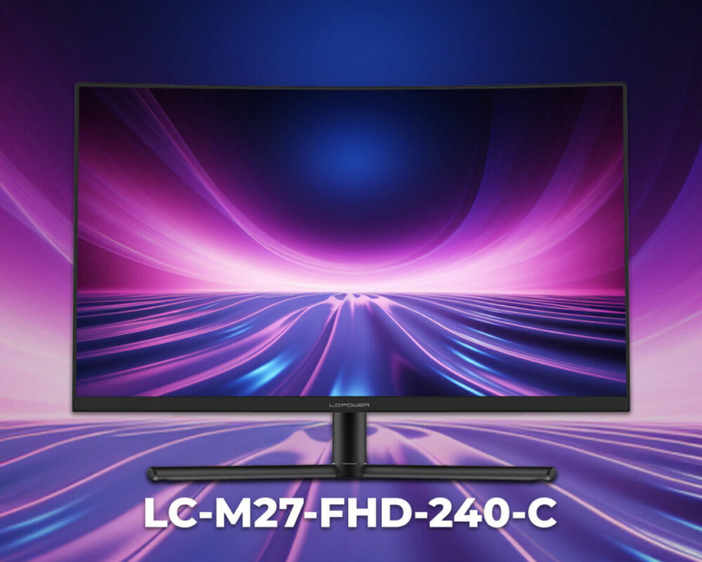 Hero Image des Monitors LC-M27-HD-240-C mit einem lila und pinken Hintergrund.