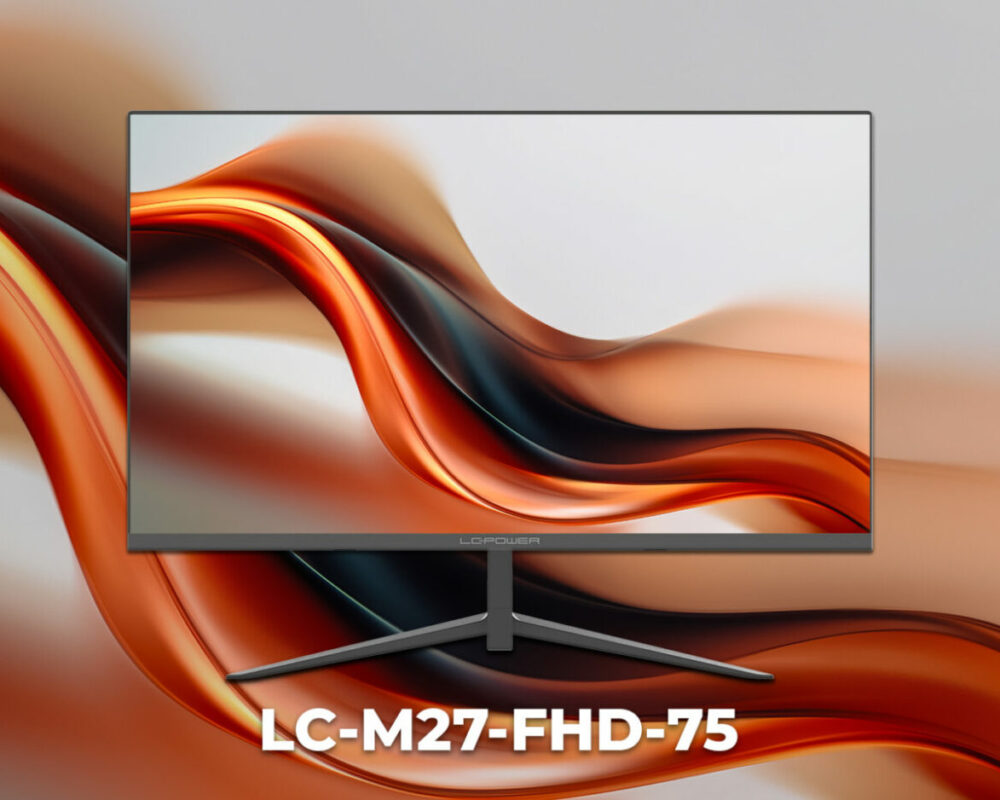 LC-M27-FHD-75 vor einem Hintergrund in rot und orangen und Wellenformen.