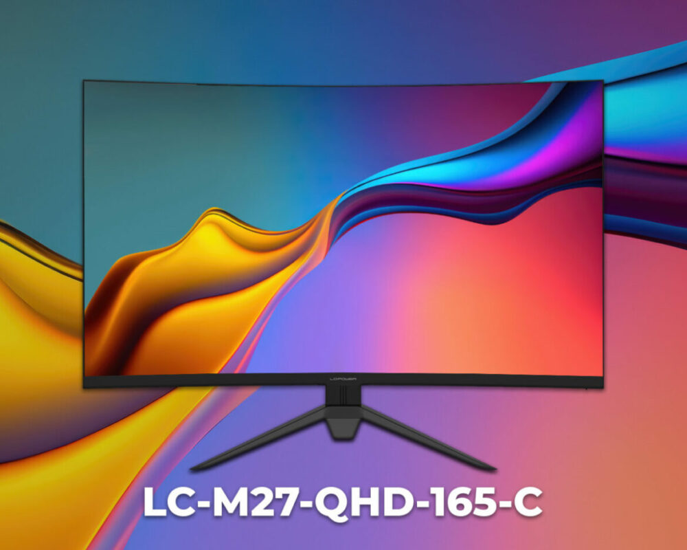 Hero Image des Monitors LC-M27-QHD-165-C mit einem lila und pinken Hintergrund.