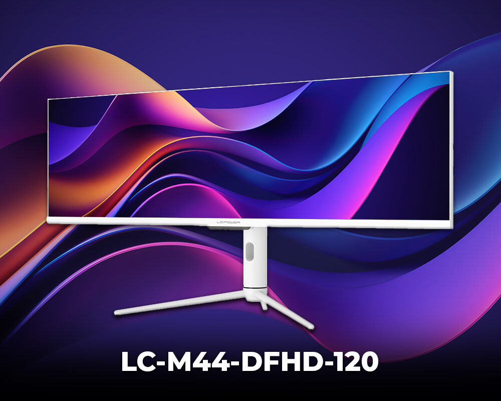 LC-M44-DFHD-120 Gaming Monitor seitlich dargestellt vor lilafarbenden Wellen