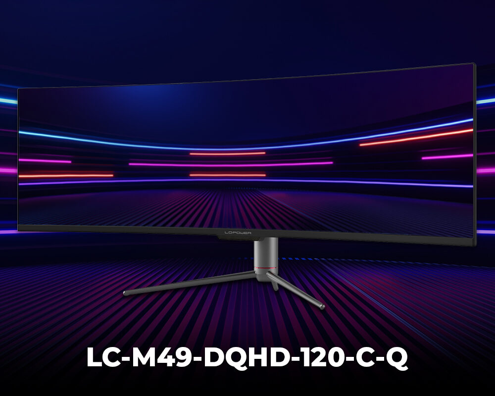Hero Image des LC-M49-DQHD-120-C-Q vor einem lila und blauen Hintergrund mit Streifen.