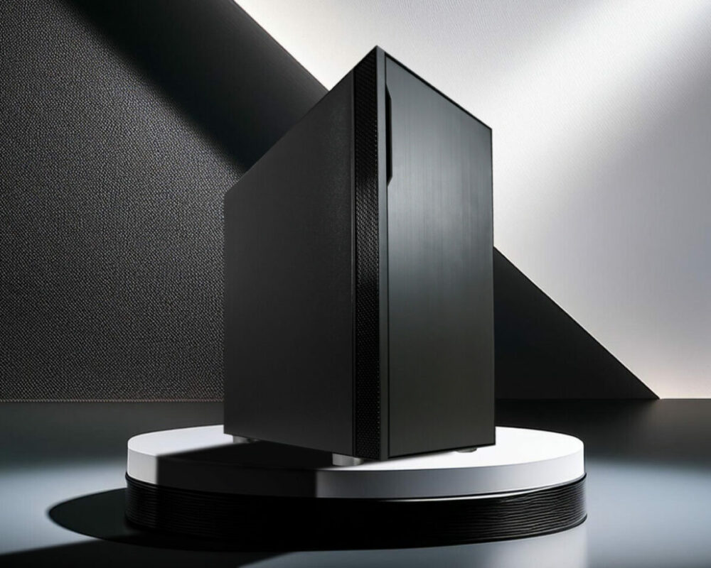 Hero Image des ATX-Classic- und Multimedia-Gehäuses 8000B, das auf einem schwarz-weißem Podest steht. Hinter dem Gehäuse ist eine Wand in schwarz und weiß. Die schwarze Seite der Wand ist strukturiert.
